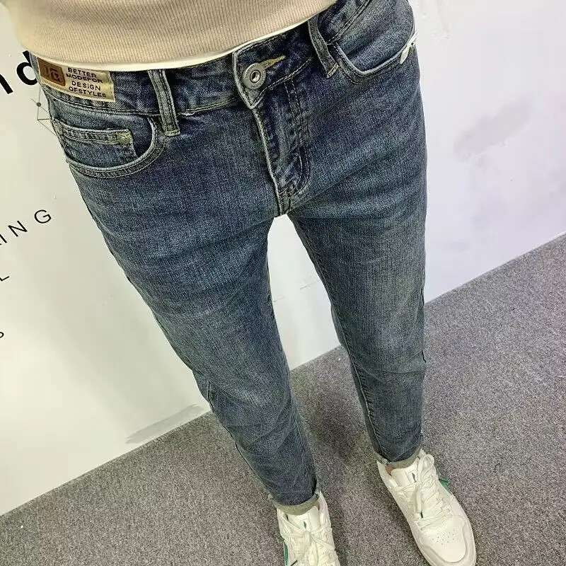 Harajuku موضة الشارع الشهير الجينز الرجال العلامة التجارية العصرية مطاطا عادية نحيل الجينز السراويل الشباب الكورية بسيطة سليم ورقيقة السراويل