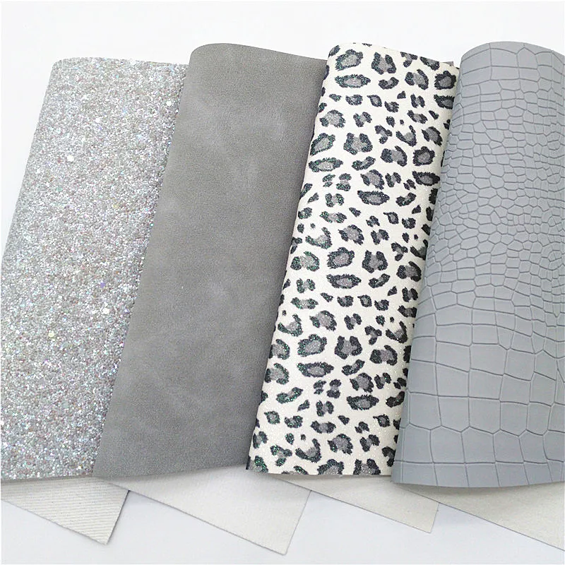 Grigio grosso Glitter pelle leopardo stampato tessuto Glitter coccodrillo pelle sintetica fogli di vinile per archi fai da te 21x29CM Q970