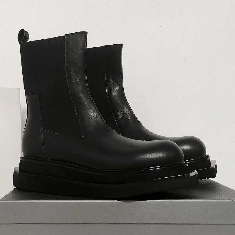 Moda męska projektant Chelsea Boot czarne męskie grube buty z prawdziwej skóry mężczyzna botki Plus rozmiar 46 47