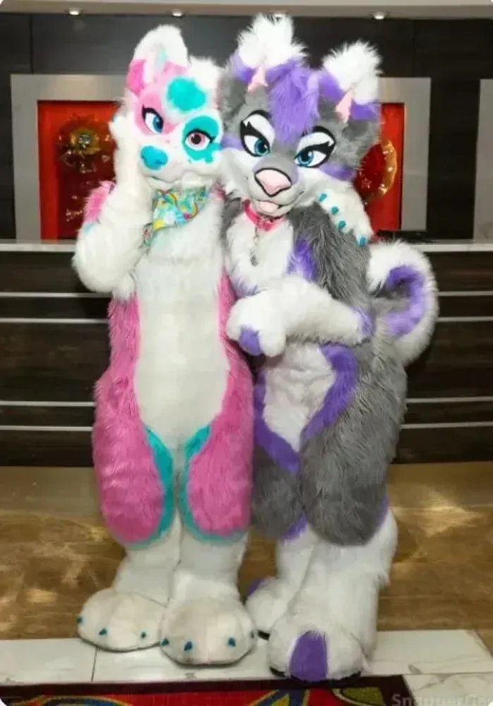 طويل الفراء فروي زي أجش الكلب الثعلب زي التميمة Fursuit الذئب الأبيض الأرجواني تأثيري حزب Fursuit هالوين دعوى الكبار الحجم #4