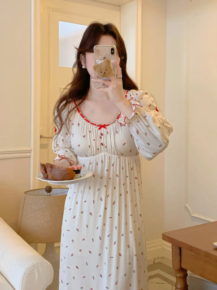 New Simple Sweet Princess Print Flowers Rose Girlish Style Long Sleeve NightDress Women Lace Kawaii Elegant Loose Sleepwear Ins