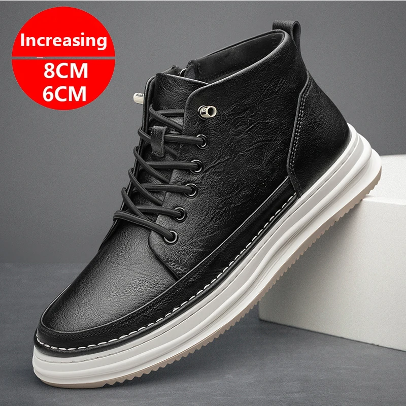 Casual Sneakers Genuine Leather Height Increasing Shoes For Men 6cm 8cm Invisible Elevator Taller Lifting Shoe Mid Cut Flats