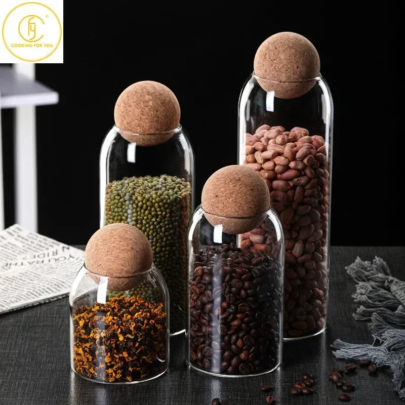 500/800/1200/1600ml Glass Food Storage Jar with Globular Cork Stopper Coffee Beans Tea Grains Canister Home Kitchen Storage Tank