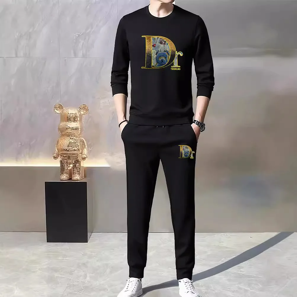 

Men's Sweatshirt Set Comfortable Male Clothing Embroidery Patch Sequin European Casual Luxury Style Sweatshirt Pants Sport
