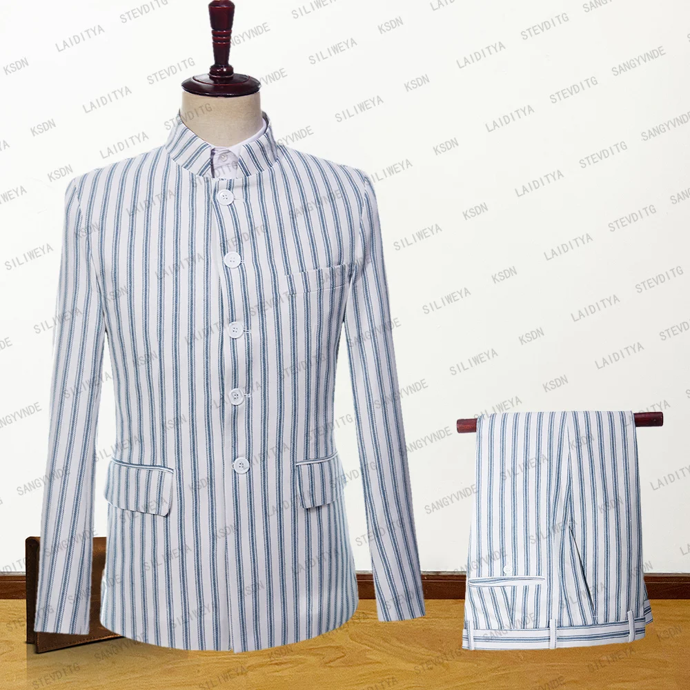 

2023 New Men Suit 2 Piece Jacket And Pants High End Business White Linen Light Blue Stripe Formal Wedding Dress Tuxedo