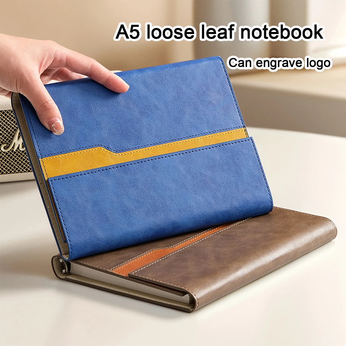 (Can Engrave Logo) A5 Thick Leather Student Notebook, Buckle Diary, Business Loose-leaf Notepad, Meeting Record Book, Travel Log