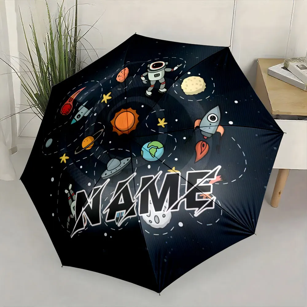 Custom Name Umbrella,Cartoon Space Theme with Planets, Rockets, and Astronaut Design
