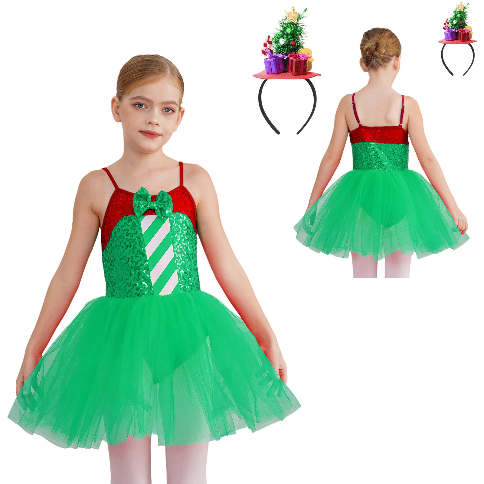 

Girls Christmas Tutu Dress Leotard Ballet Dance Carnival Party Sleeveless Sequins Stripes Tulle Dress with Hair Hoop Dancewear