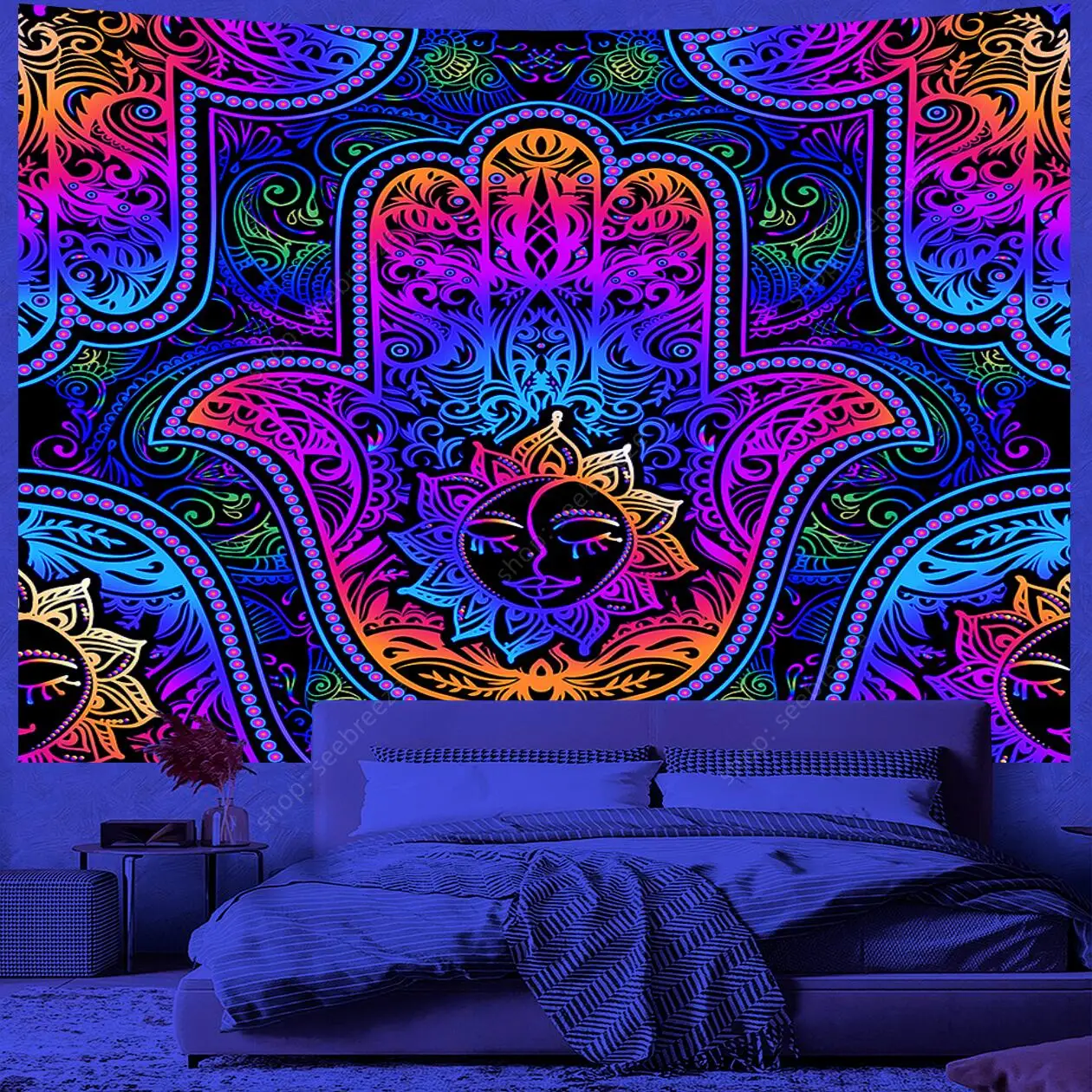 Cosmic Eye of God UV reactive tapestry Psychedelic hippie tapestry wall hanging used for aesthetic room wall decor Ceiling decor