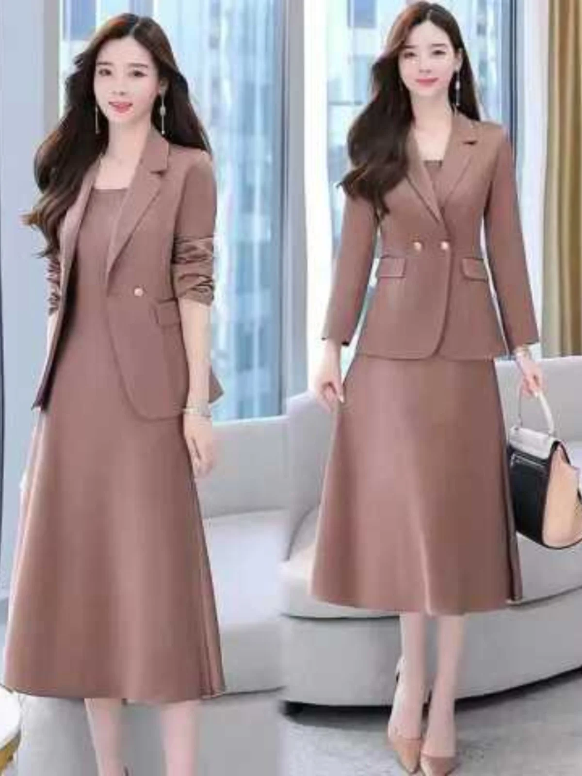 plus Size Women's Dress Suit Outerwear Set Slimming Two-Piece Suit Korean Style Commute Fashion High Waist Long Sleeve Long D...
