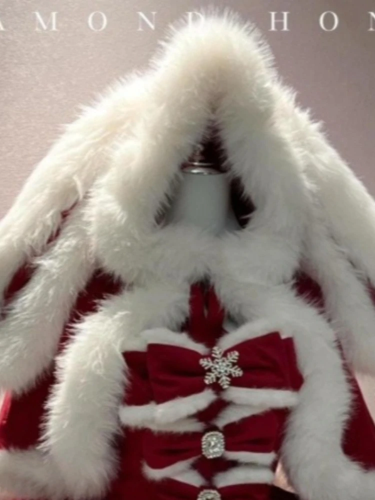 Elegant Luxury Sweet Lolita Christmas Princess Set Women Red Furry Bunny-Ear Cloak + Bow Puff Dress Cute Festive Fashion Outfit