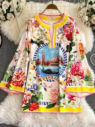 Runway Brand Designer Autumn Cartoon Print Long Sleeve Short Dress Women Loose A Line Starfish Rose Flower Party Dresses