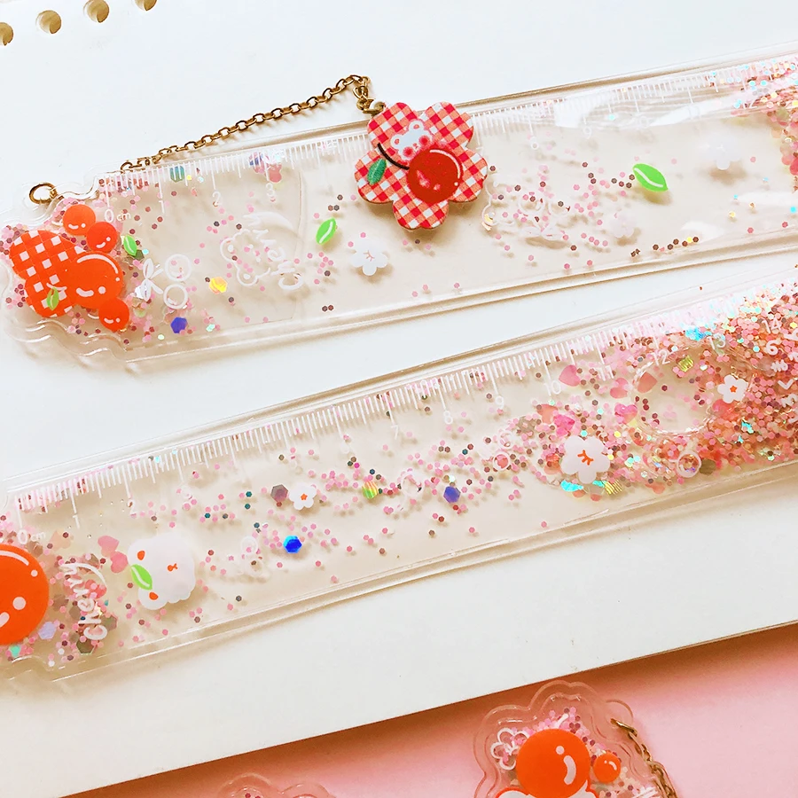 Imagem -05 - Cute Cherry Drawing Quicksand Régua Material Escolar Gadgets de Escritório Papelaria Estética Acessórios Bookmark Coisas Fofas