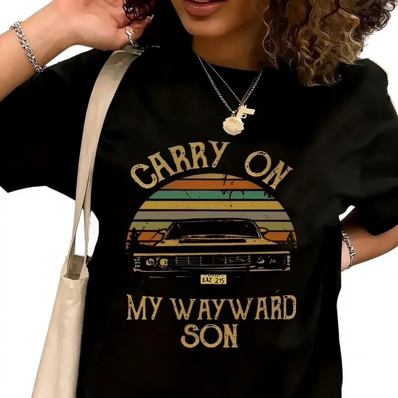 Carry On My Wayward Son Women's T-Shirt 100% Cotton Funny Graphic Short Sleeve Tee Novelty Shirt Casual Crew Neck Top S-5XL