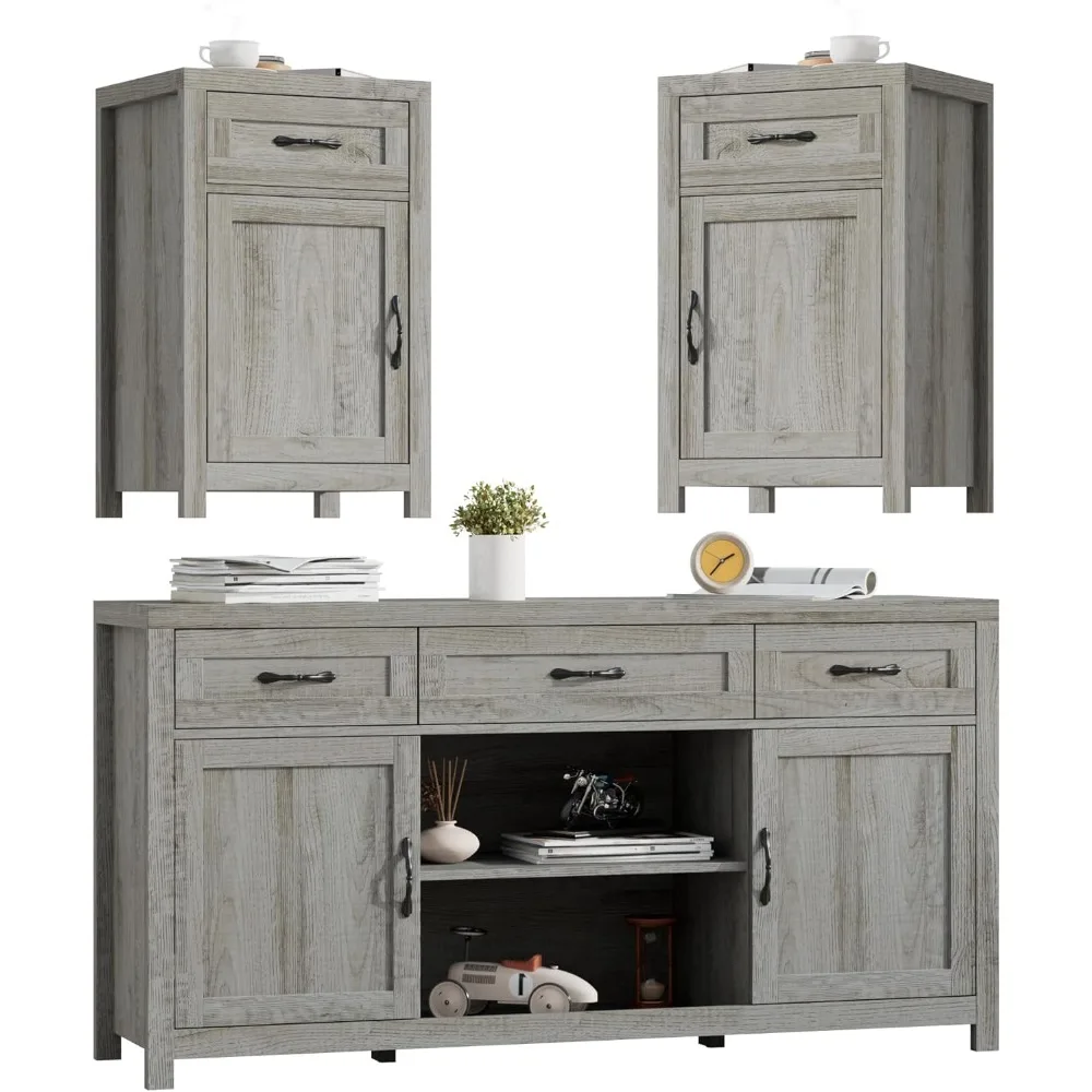 

Farmhouse Buffet Storage Cabinet and Night Stand Sets, Wood Coffee Bar Cabinet with Adjustable Shelves, Deep Drawers Buffets