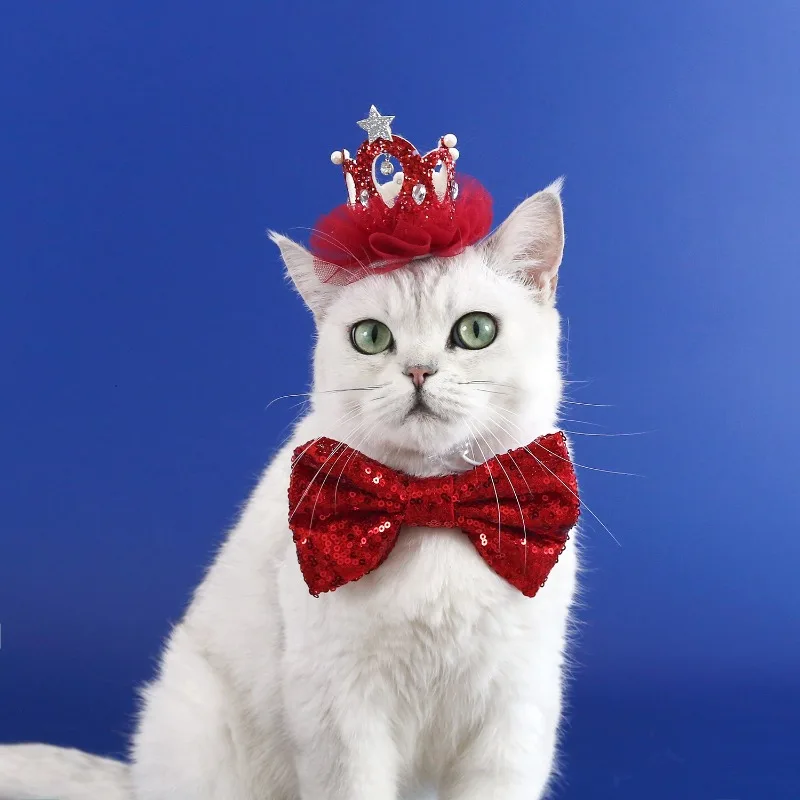 

Pet Crown Collar Set, Sequined Bow Tie, Pearl Diamond, Princess Party Headwear, Cat and Dog Wedding Birthday Powder
