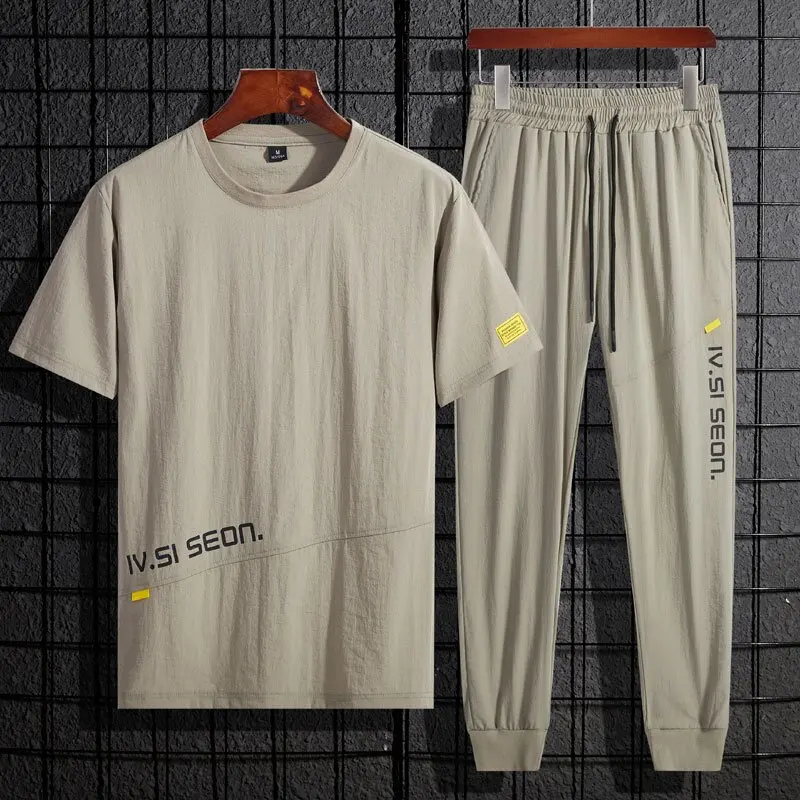 

Summer New Fashion Trend Ice Silk Breathable Short Sleeved T-shirt Set For Men's Casual Loose Sports High-Quality Two-Piece Set
