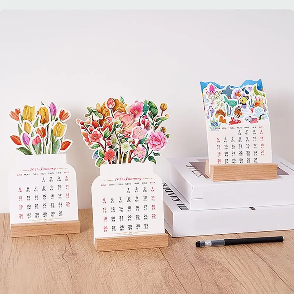 

New Year Blooming Flowers Desk Calendar Wooden Base Monthly Planner Countdown Calendars Flowers Shaped Detachable Monthly Cards