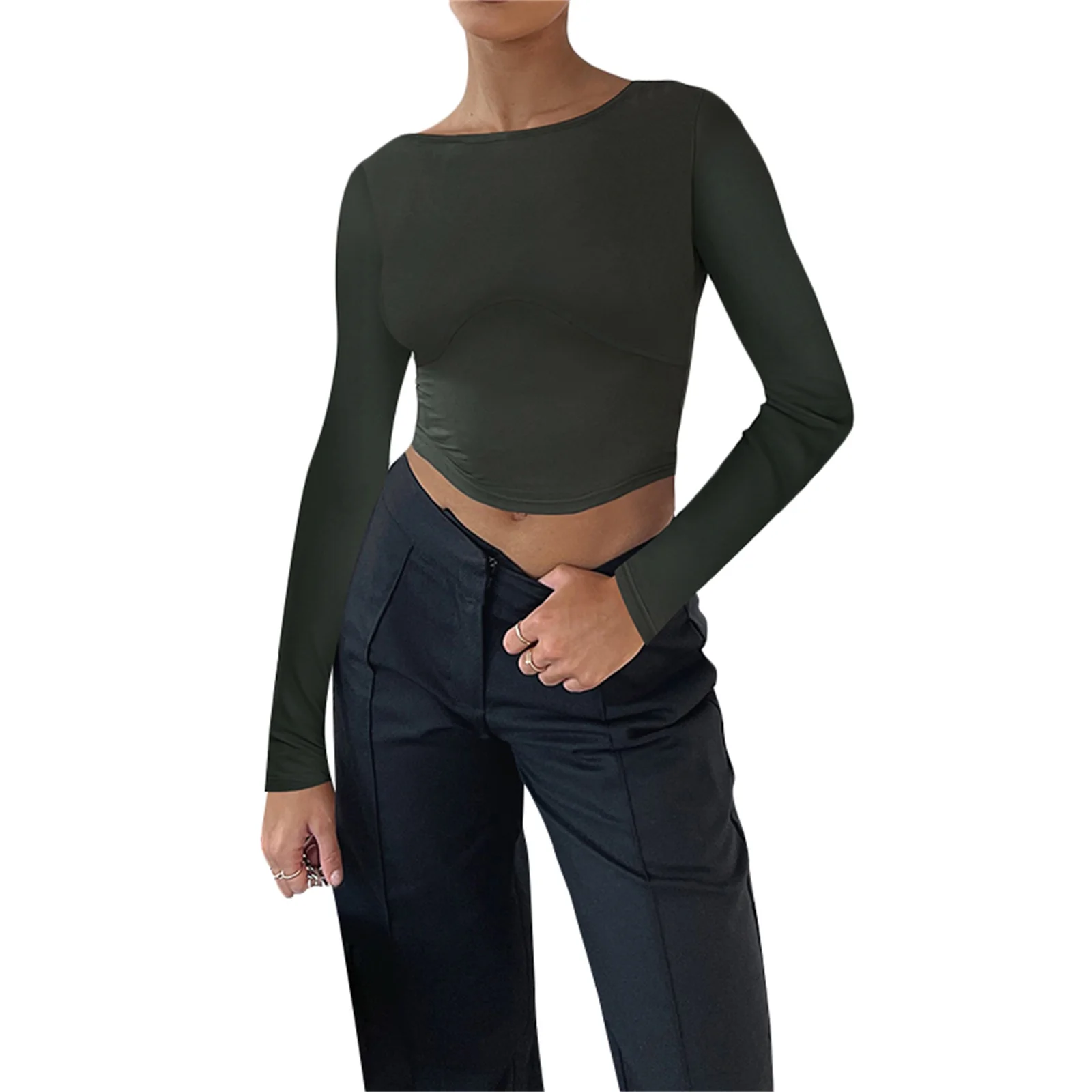 

Women´s Long Sleeve Cropped Tops, Solid Color Round Neck Backless Show Navel T-shirt for Spring Summer