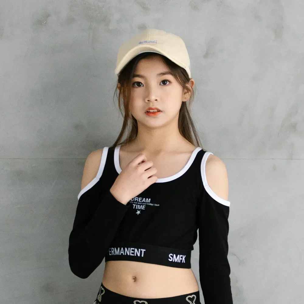 summer teenage girls black t-shirt jazz dance open shoulder streetwear sports crop top kids clothes children 4 to 14 years