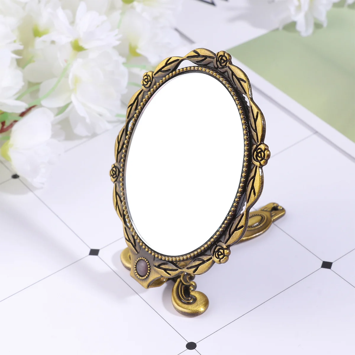 女性ヴィンテージミラーポケットサイズ折りたたみハンドルミニ化粧鏡軽量ポータブル旅行出張用