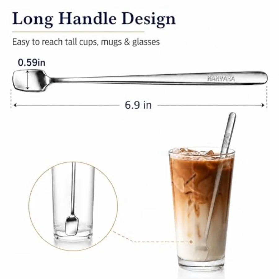 Coffee Stirrers Set of 5 Coffee Spoons 6.9 Inch 304 Stainless Steel Long Handle Stir Sticks Square Head spoons for Iced Coffee
