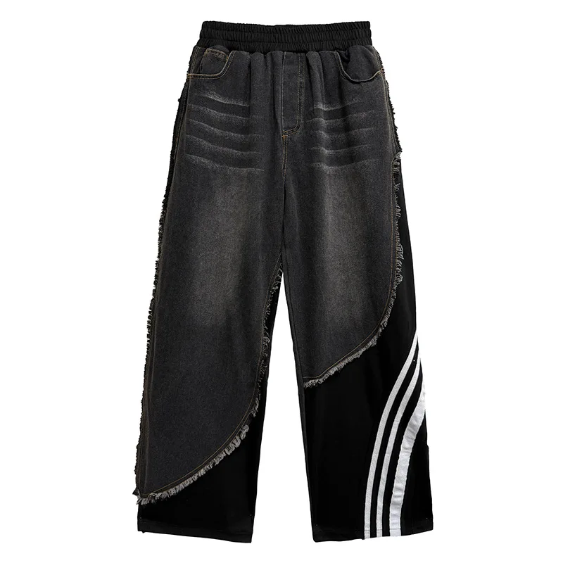 Nyfs americano vintage plus size feminino retalhos jeans solto ajuste cintura elástica perna larga calças jeans estilo outono