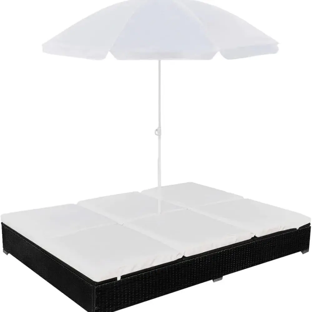 

Black Outdoor Patio Chaise Lounge with Umbrella for Poolside, Balcony, Beach, and Yard in Poly Rattan Style