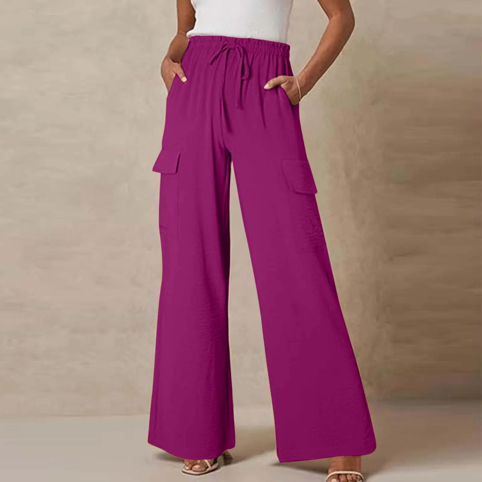 Women Palazzo Pants With Pockets Summer Casual Wide Leg High Waist Pants Flowy Beach Trousers For Casual And Athleisure Wear