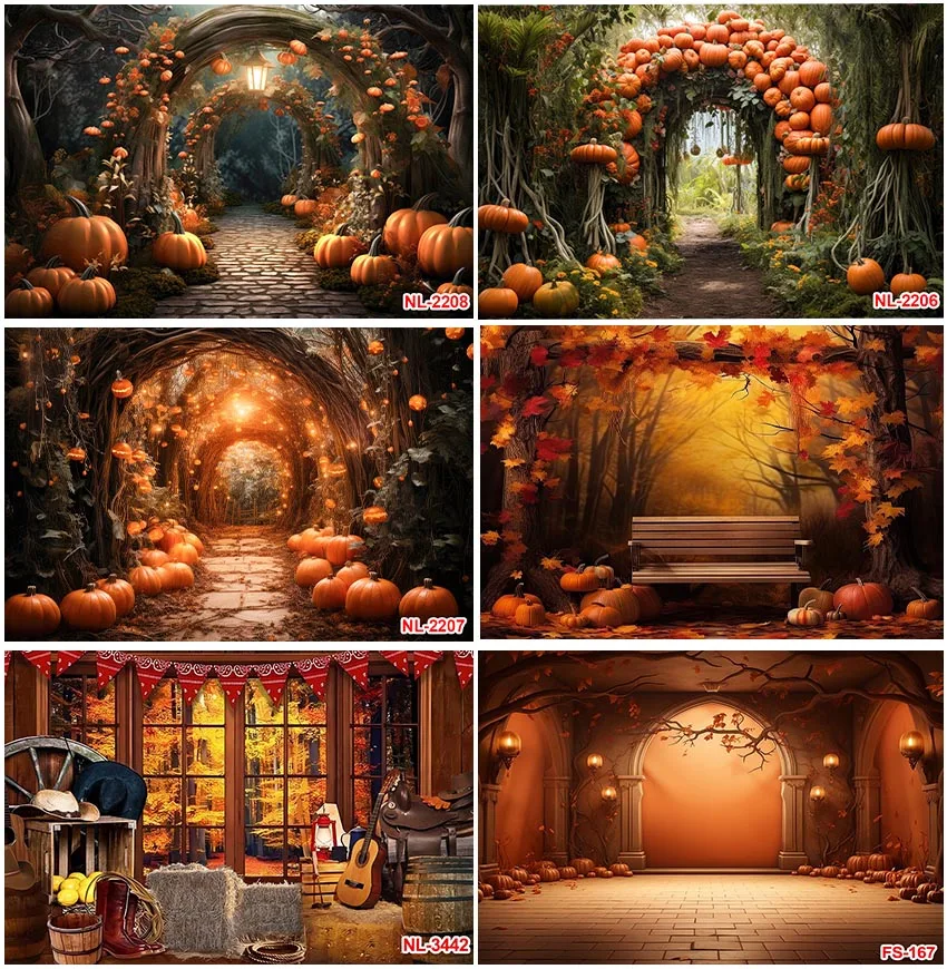 Autumn Scenic Photographic Fall Leaves Pumpkin Trees Backdrops Forest Maple Baby Portrait Backgrounds Studio Photo Banner Props