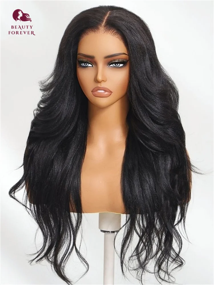 Beautyforever Wig Rambut Manusia Tanpa Lem Yaki Bergelombang Poni Potongan Lapisan Renda Pra Potong 7X5 Wig Tanpa Lem Simpul Bye Bye Rambut Manusia 180%
