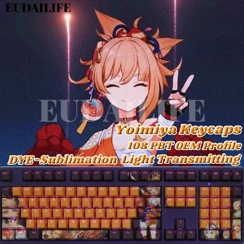 Yoimiya 108 Keycap PBT Genshin Impact DYE Sublimation Light Transmitting Cherry Key Cover Cross Axis Switch Mechanical Keyboard