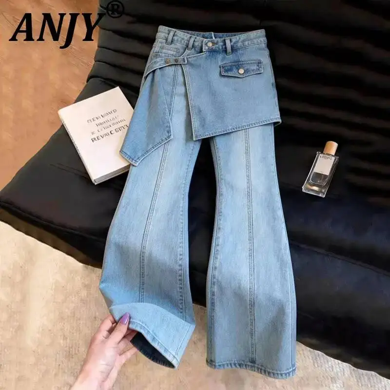 ANJY Spring Autumn New Women Fashion Loose Asymmetrical Fake Two-Piece Bootcut Jeans Washed Patchwork Stylish Denim Pants A23427