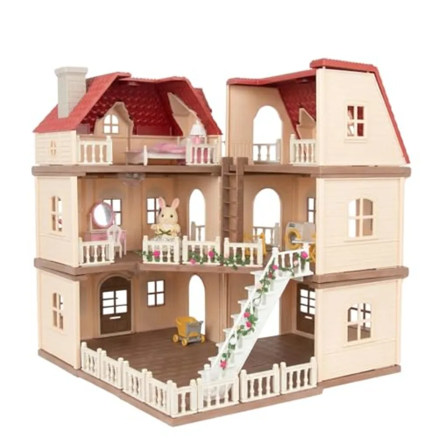 

Family Manor Doll House Large 3-Story Modular Playhouse with Furniture Bunny Figures Accessories in Warm Beige and Soft Blue Ul