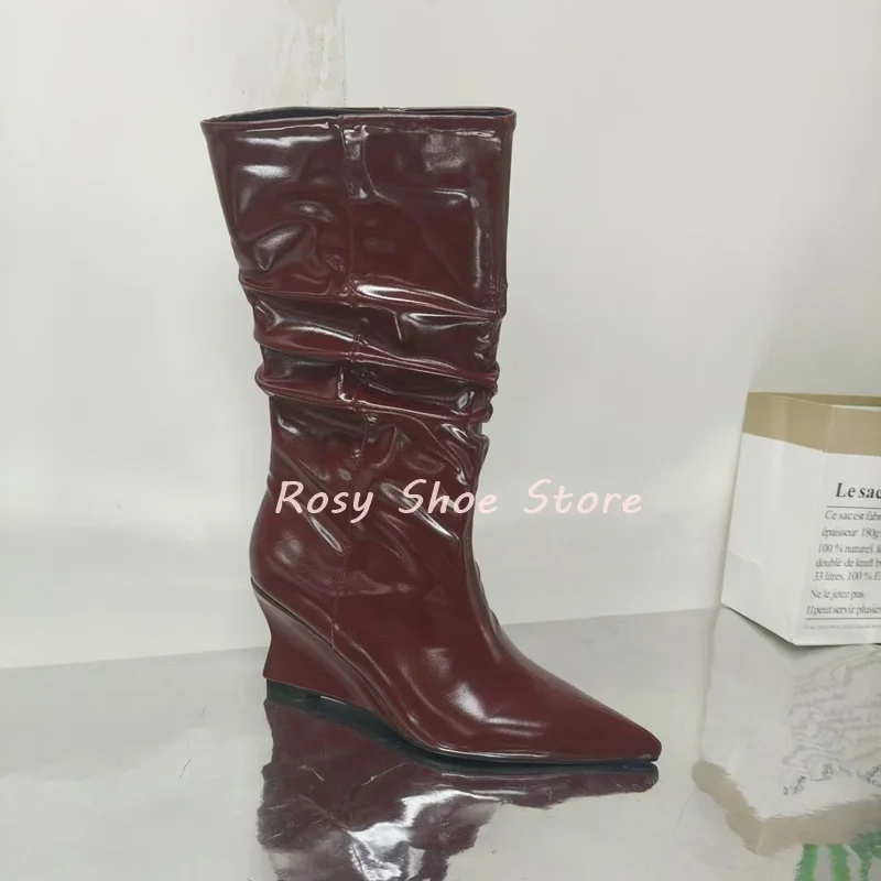 بورجوندي الجلود مترهل الأحذية مثير أشار تو الانزلاق على إسفين كعب حذاء من الجلد الشتاء أنيق الشارع نمط سيدة ناضجة الأحذية