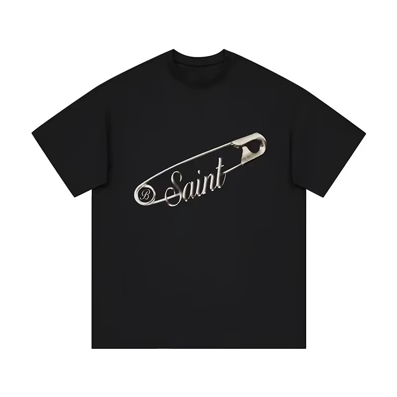 Saint Safety Pin Graphic Tee, Black Minimalist Tshirt, Edgy Streetwear Top, Punk Style Statement Vintage Oversized T Shirt