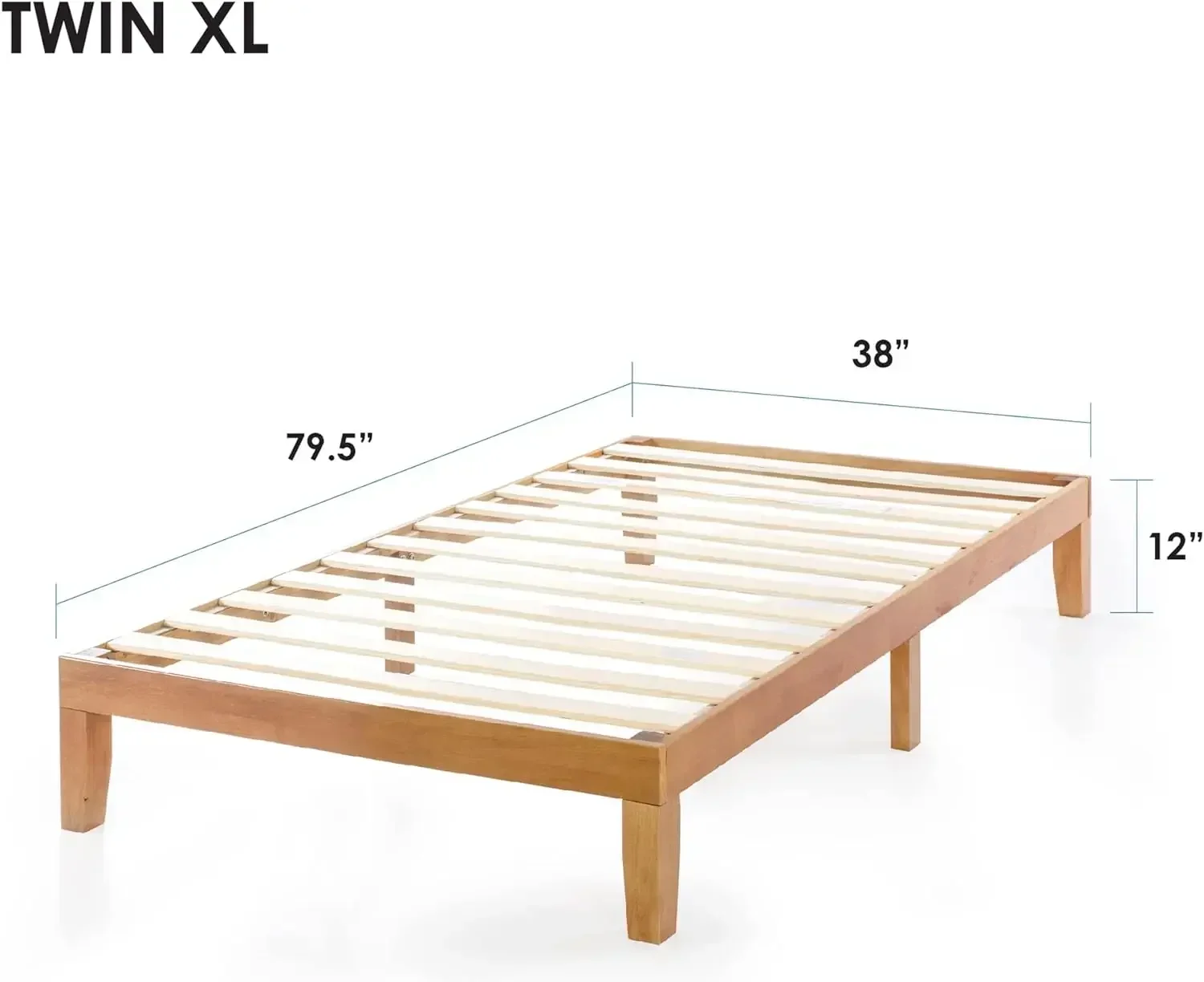 L12 Inch Solid Wood Platform Bed With Wooden Slats, Twin XL, Natural Pine view 3
