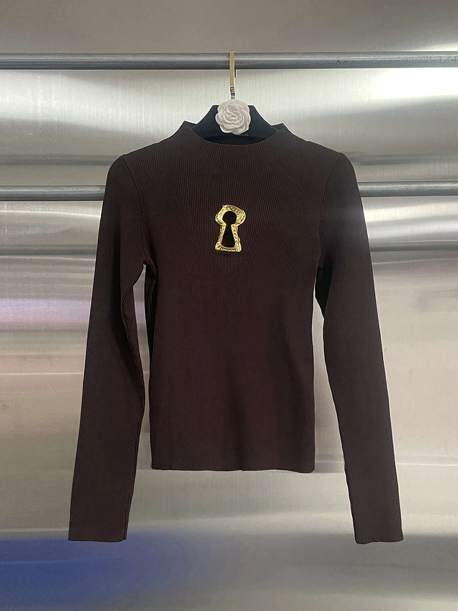 GALCAUR Solido Impiombato Scava Fuori Maglione Femminile O Collo Manica Lunga Allentato Casual Pigro Maglioni da Donna Moda Autunno Nuovo Stile