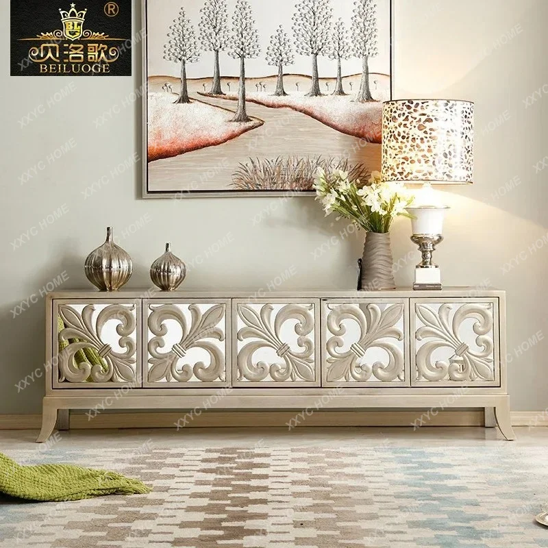 XX   Neoclassical glass TV cabinet engraved champagne silver old low cabinet