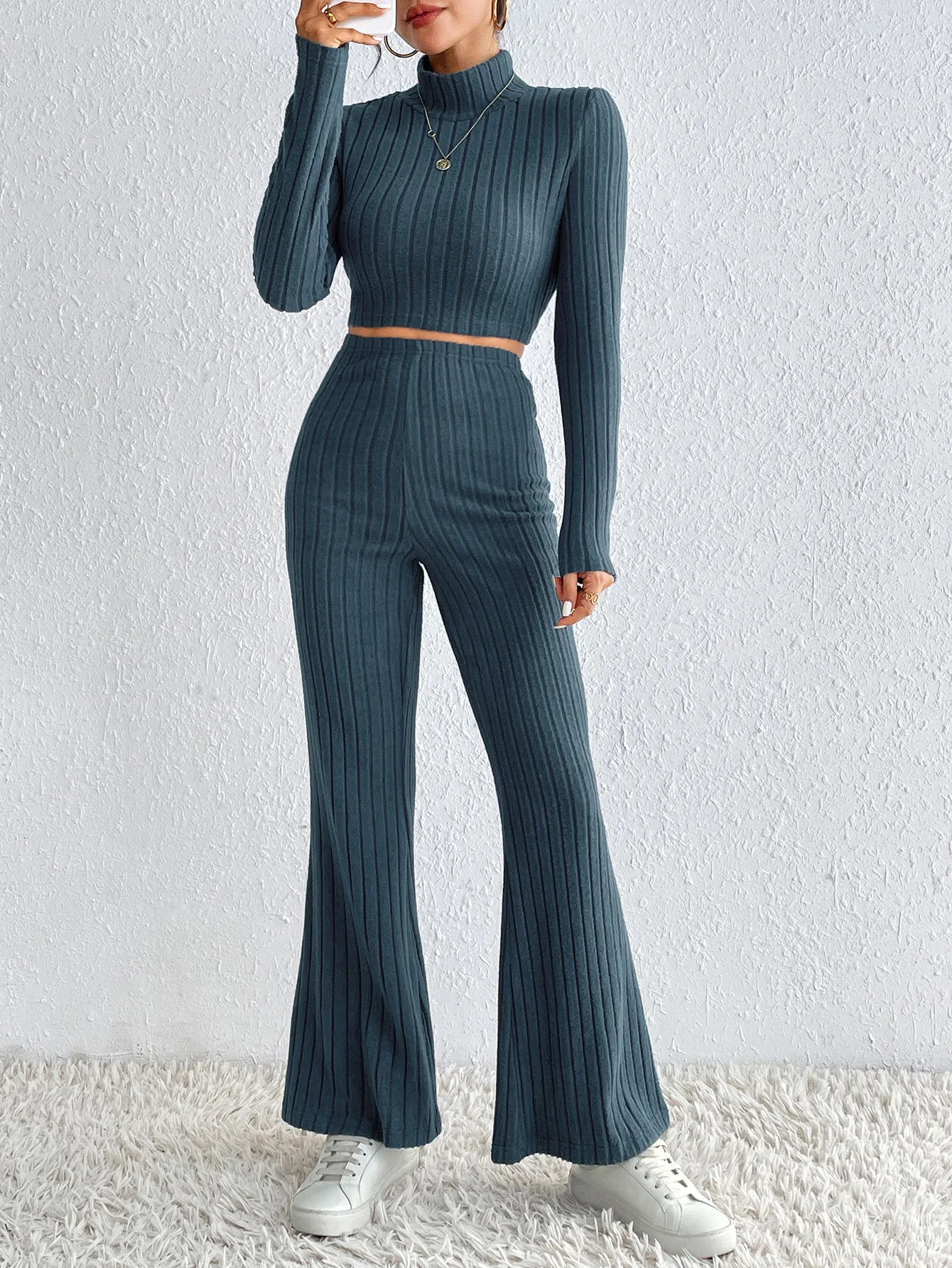 Elegant 2-Piece Sets for Women Fashion Solid Color Women's Turtleneck Wide Leg Pants Suit Autumn Winter Women 2 Piece Set Outfit