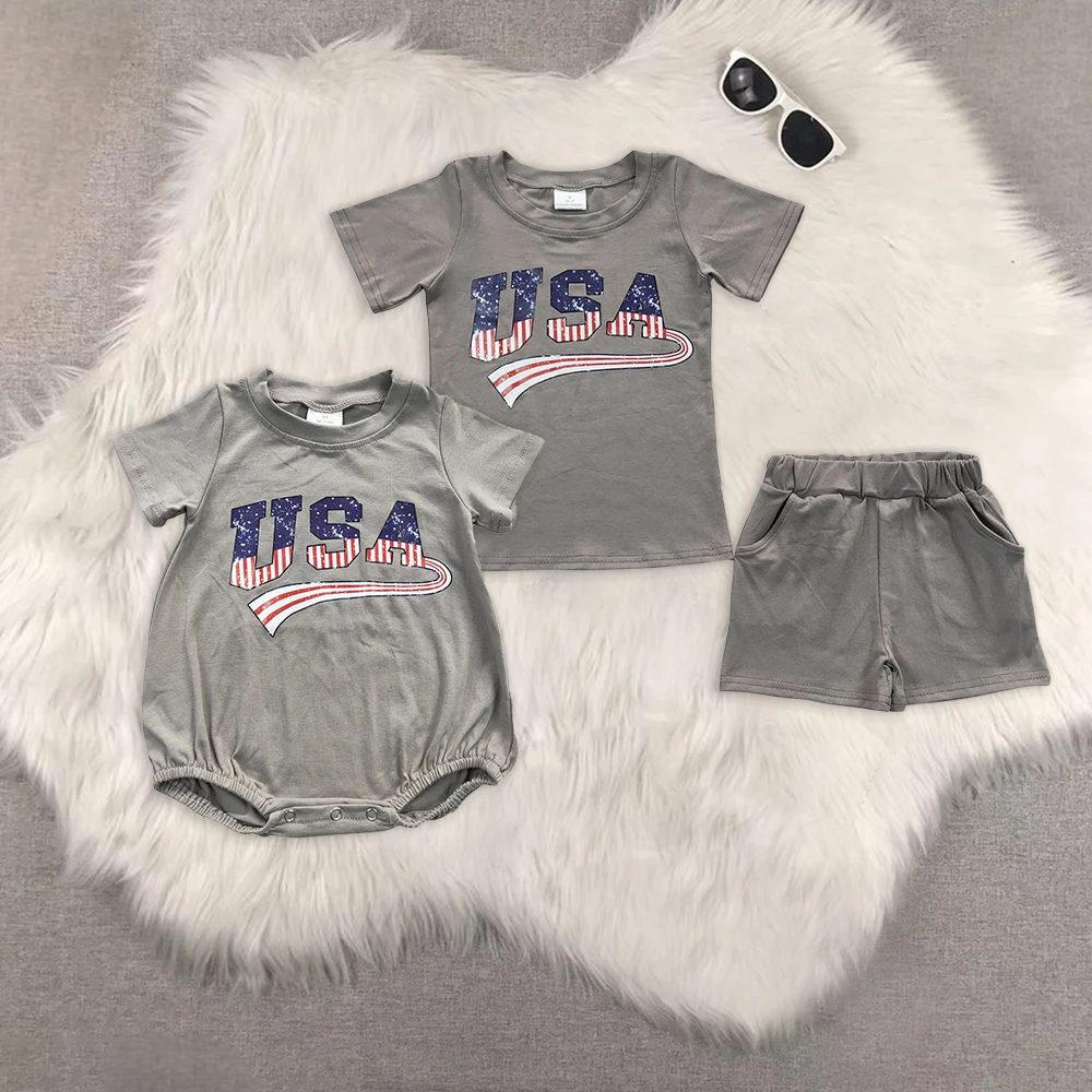 

BSSO0202 Wholesale summer baby boy clothes National Day offset USA short sleeve shorts sets boutique kids clothes boys rompers