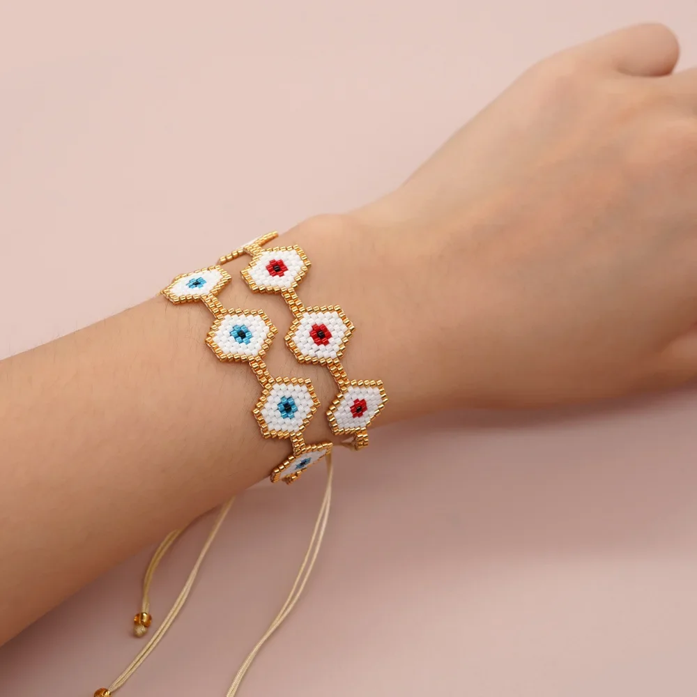 Rice bead bracelet Hexagon Eye Originality Bohemia Hand knitting Adjustable Fashion Simple Design Beaded bracelet