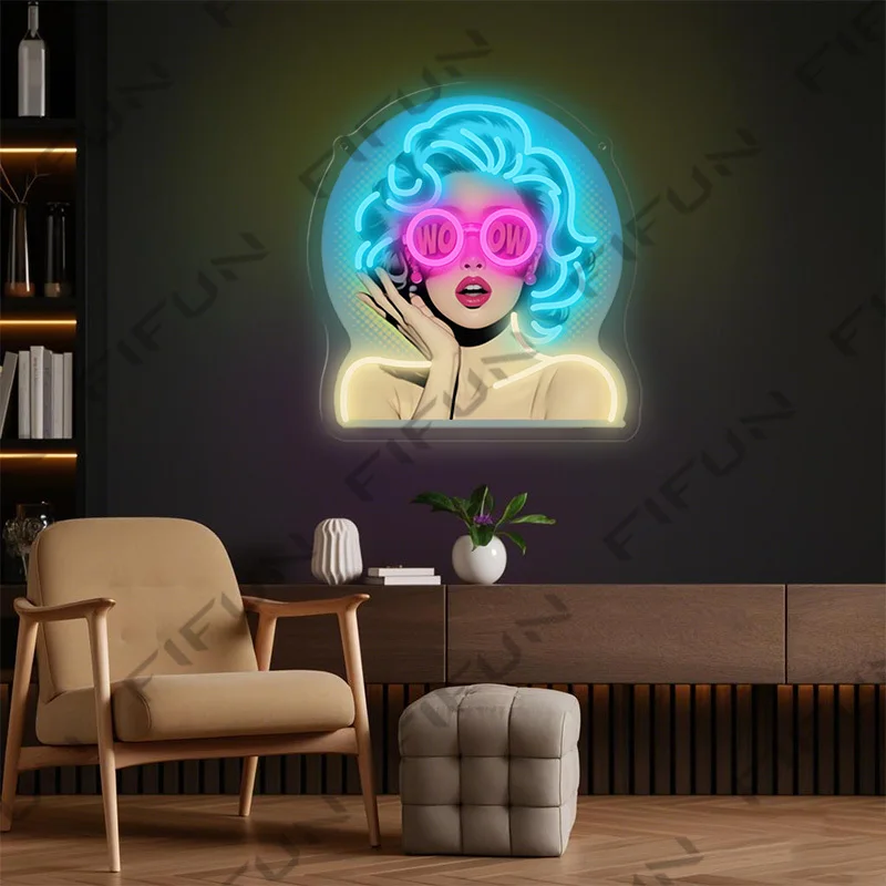 WOW Curl Girl Neon Sign UV Printed Wall Art with USB Power Dimmable Neon Light for Girl Room Party Men Cave Living Room Decor