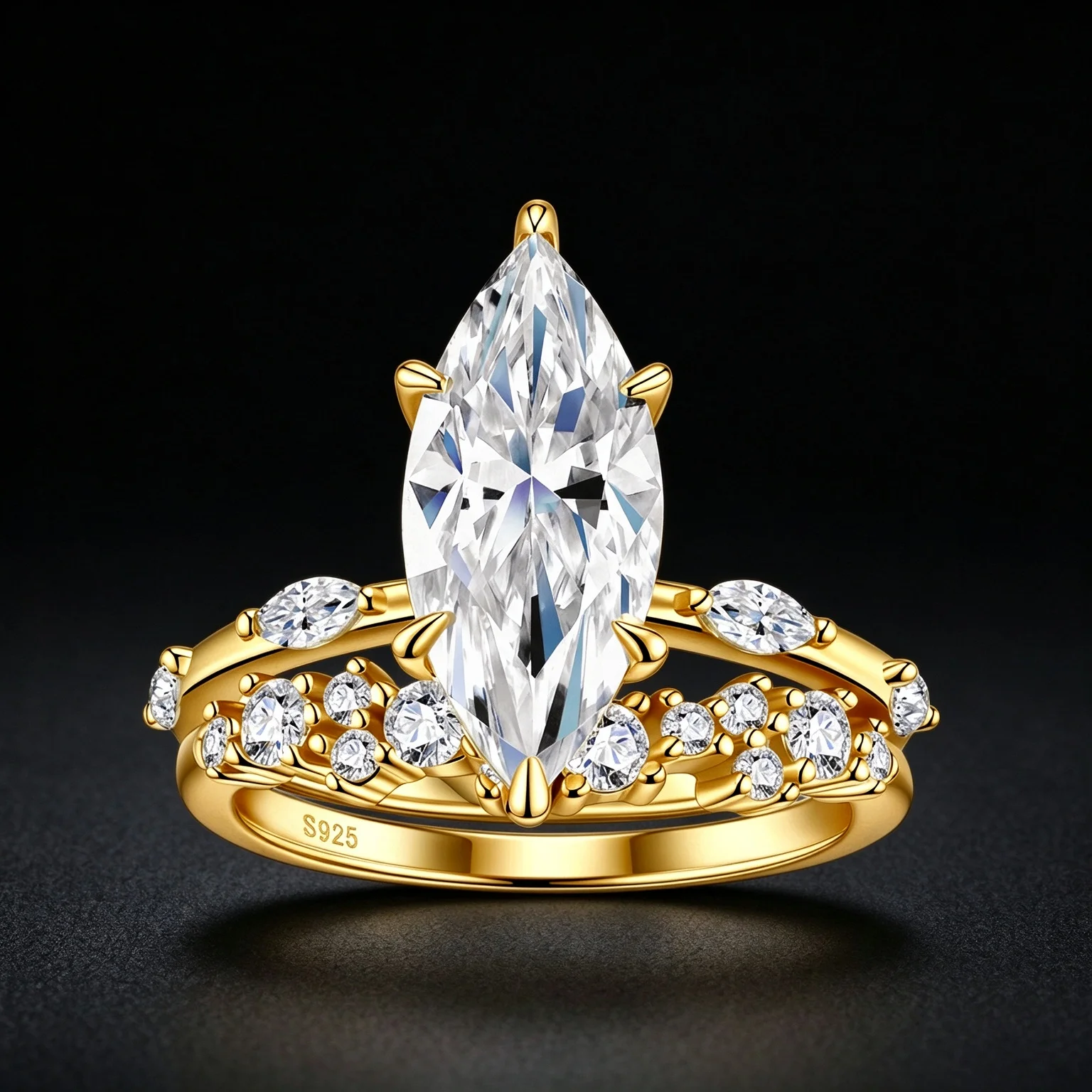 Marquise Cut D Color Moissanite Ring 3.5CT S925 Sterling Silver With 18K Real Gold Plated Pave Side Stones Elegant Engagement Bridal Wedding Band Luxury Promise Ring Crown Split Shank Design Fine Handcrafted Lady Jewelry Gift For Her Sparkling Clear Gem