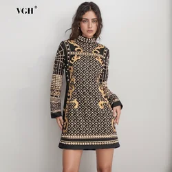 VGH Patchwork Pearls Formal Dresses For Women Stand Collar Long Sleeve High Waist Hit Color A Line Mini Dress Female 2024 Style