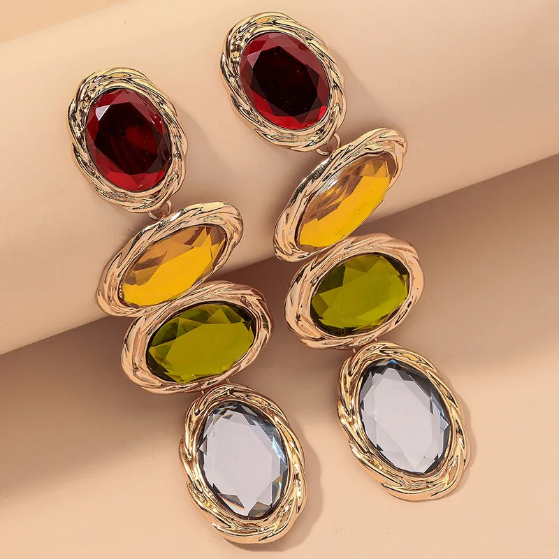 Triple Linked Oval Drop Earring With Twisted Metal Border Multi Tone Faceted Accent Stones Party Chic Dangling Ear Ornament