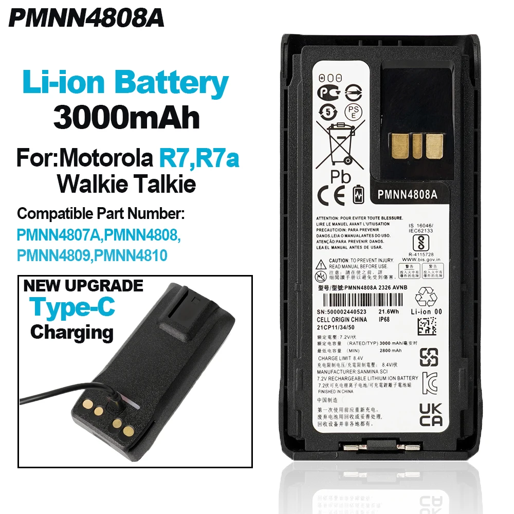 New PMNN4808A Battery Can Type-C Charging for R7 Two Way Radios PMNN4807 PMNN4808 PMNN4809 PMNN4810 Replacement Battery