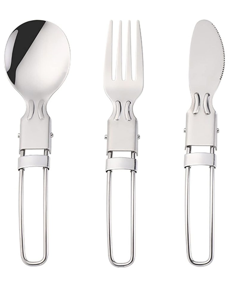  Camp Flatware Sets - Stainless Steel Spoon Fork Knife & Nylon Storage Bag - Foldable + Locking Handle - Ultralight Utensils 