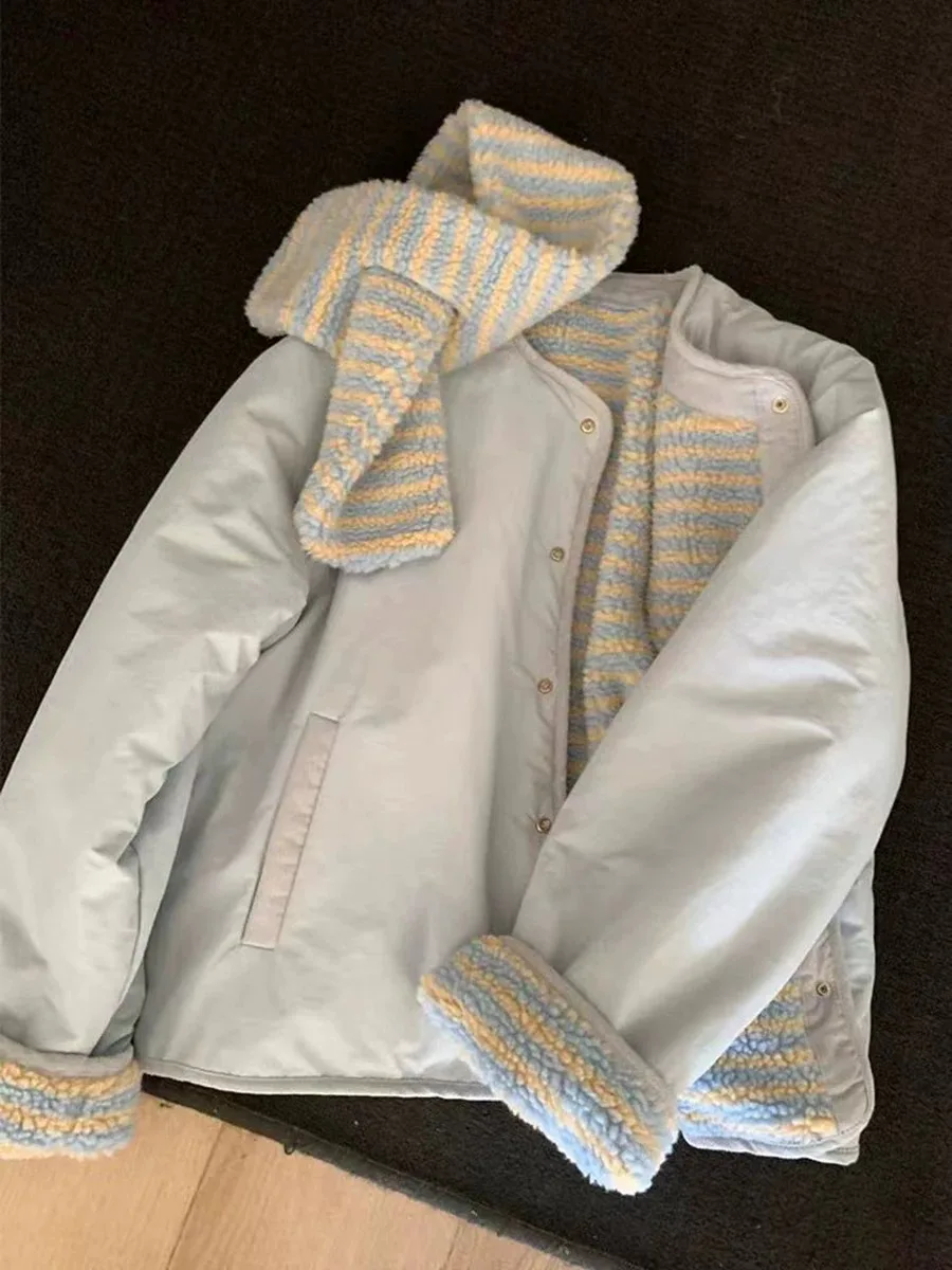 Korean Sweet Two Side Wear Padded Jacket Women Fleece Lined Thick Warm Parkas Woman Lazy Style Stripe Scarf Winter Jackets