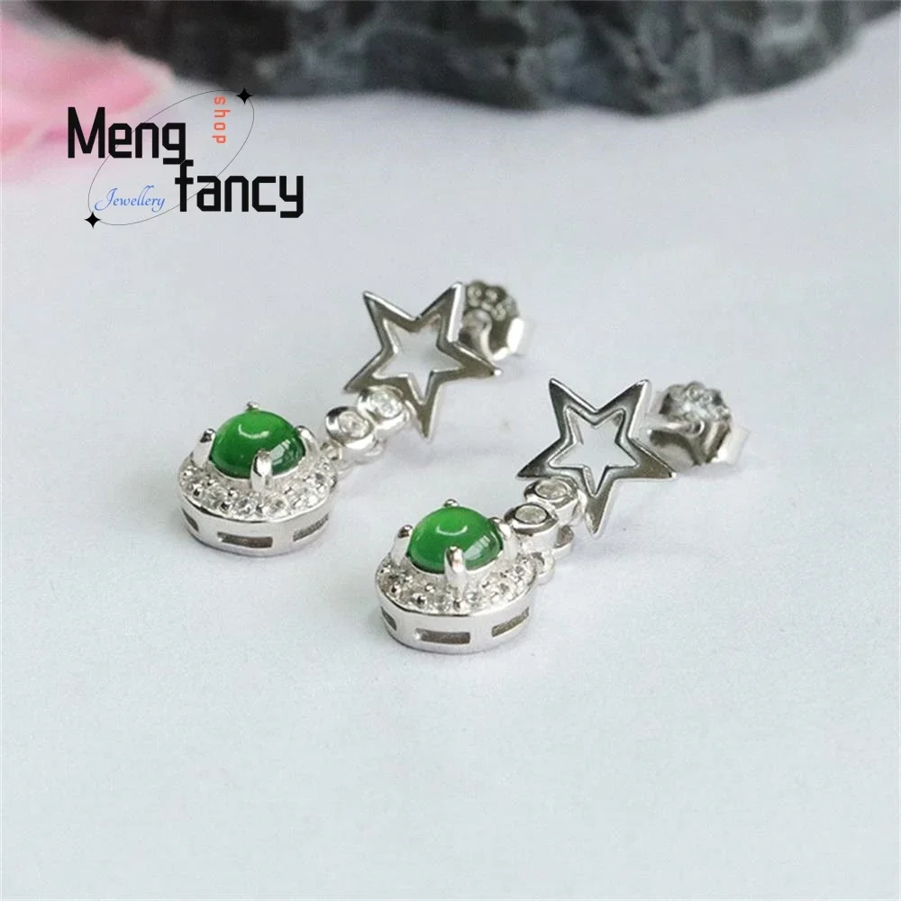 

S925 Silver Inlaid Natural Jadeite Ice Type Imperial Green Star Earrings Exquisite Elegant Charm High-grade Fashion Fine Jewelry